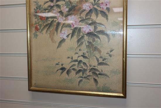 Chinese School, pair of gouache on silk, Studies of birds on flowering trees, 80 x 34cm